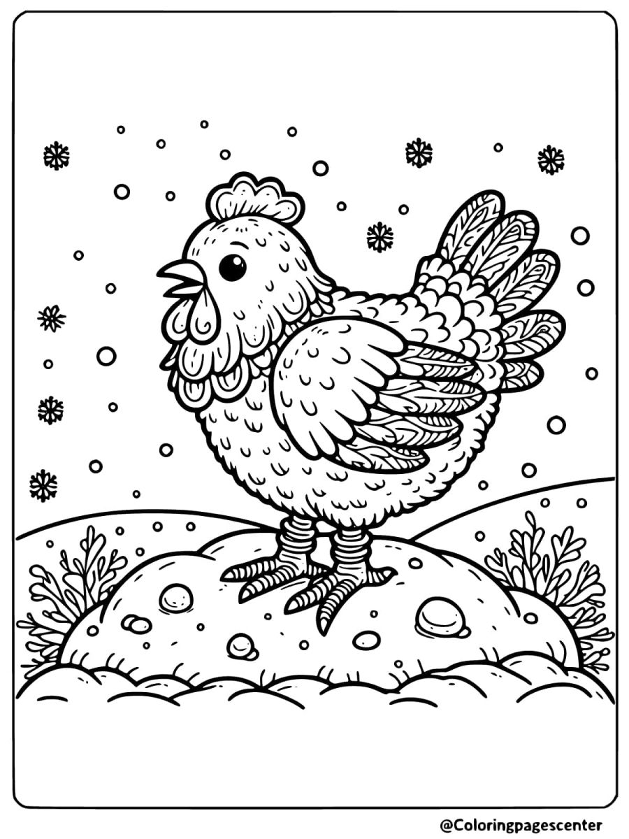 Chicken standing in snow coloring page