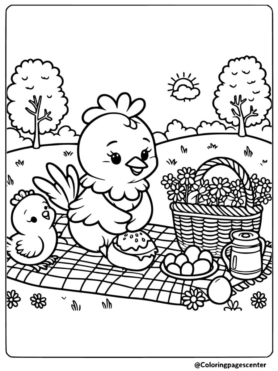 Chicken enjoying a picnic coloring page