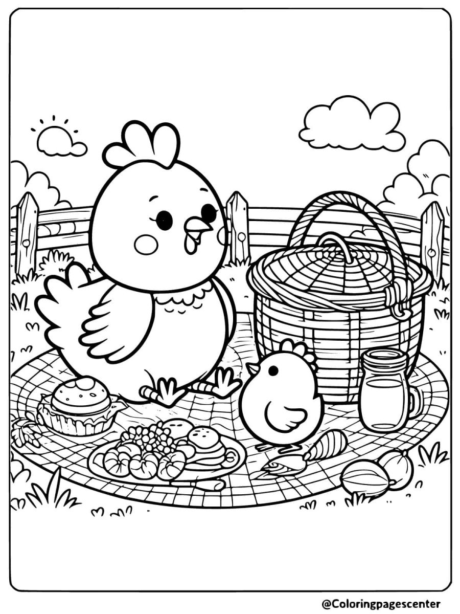 Chicken enjoying a picnic coloring page