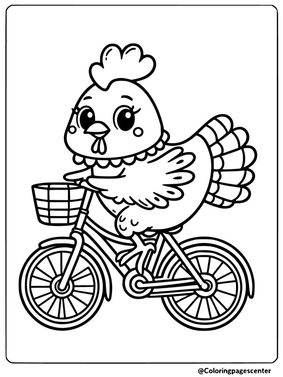 Chicken riding a bike coloring page