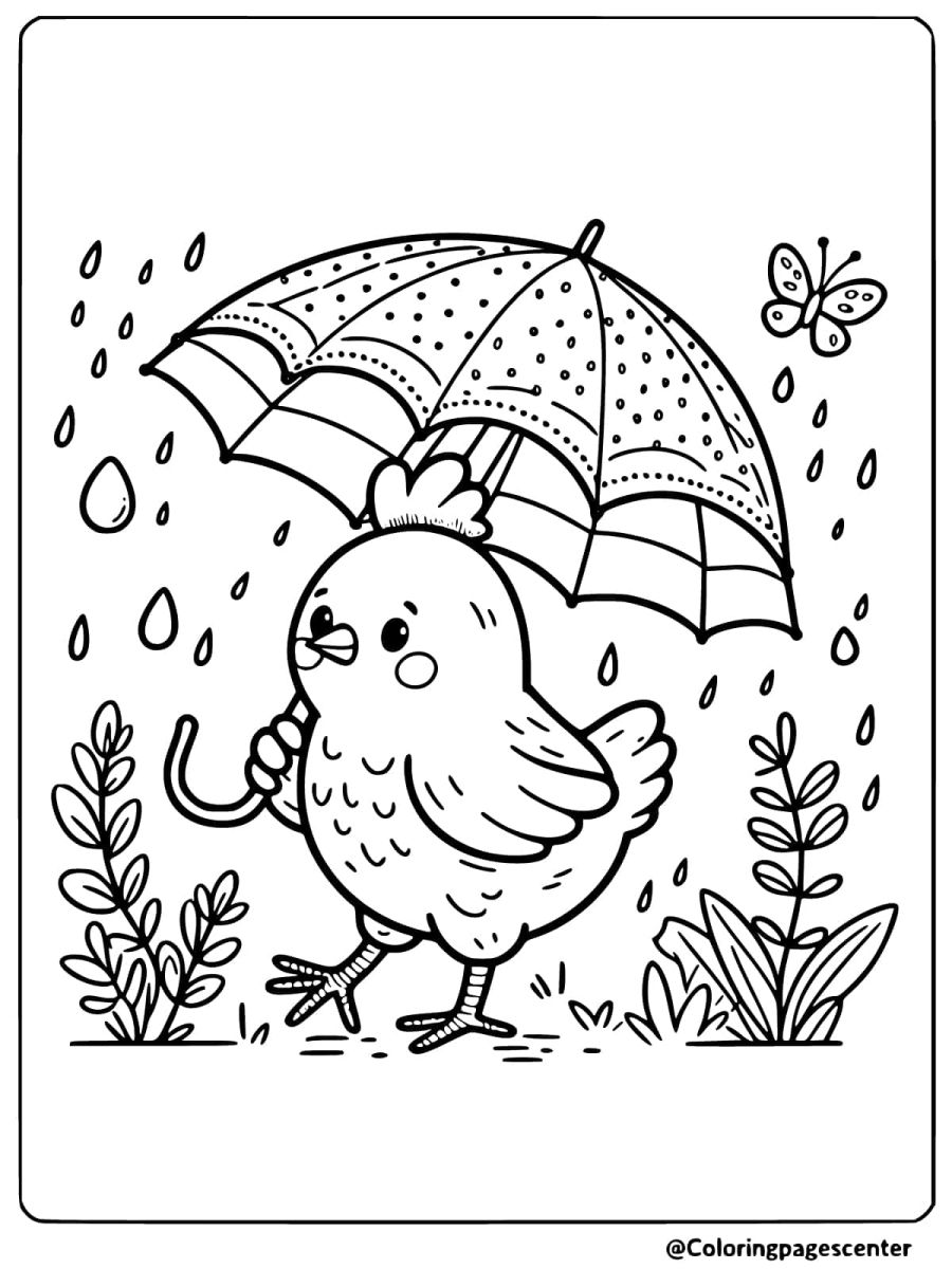 Chicken holding an umbrella in rain coloring page