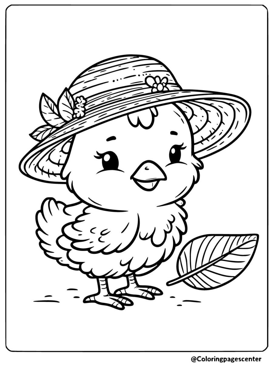 Chicken wearing a stylish hat coloring page