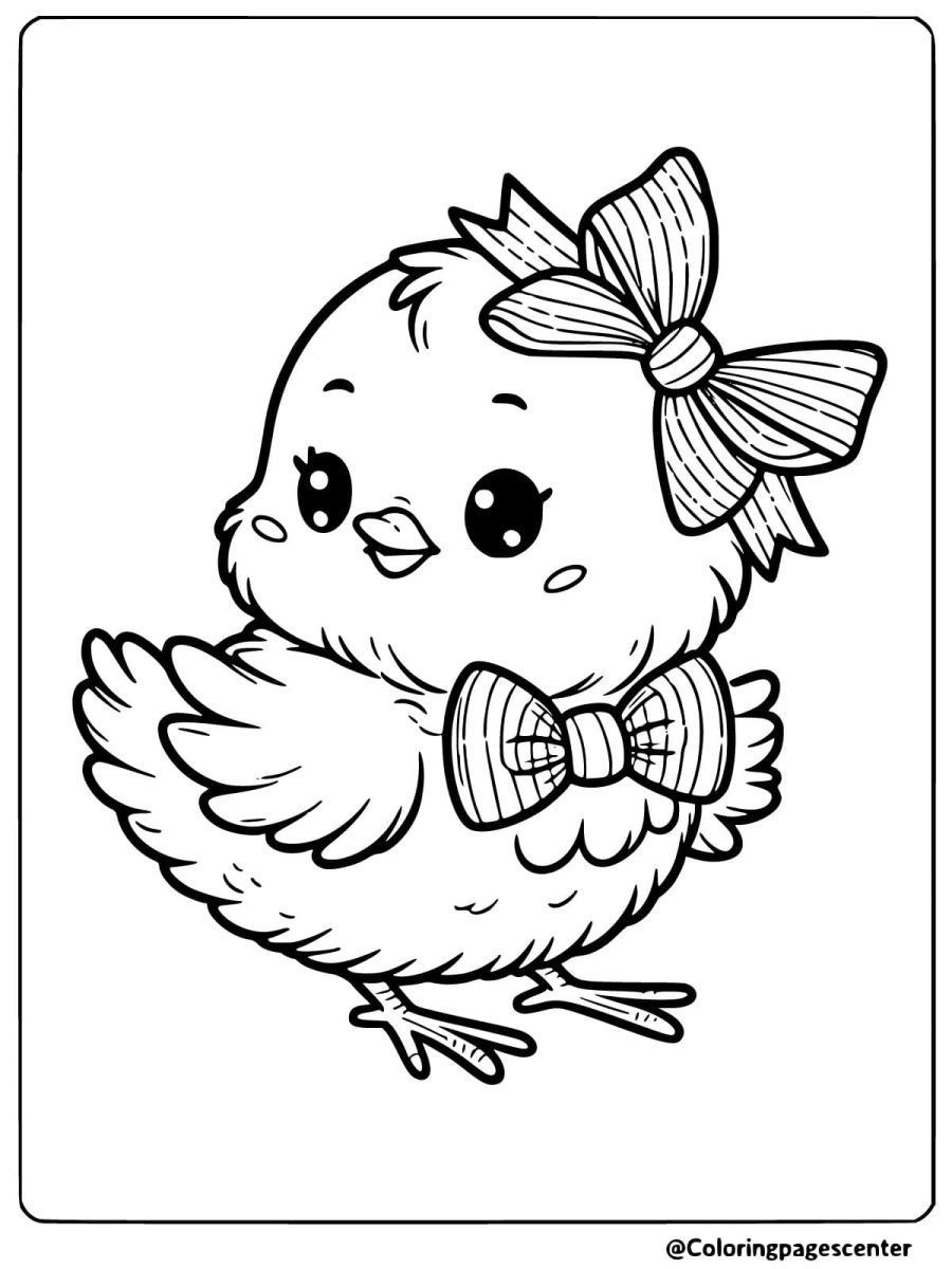 Stylish chicken with bow coloring page