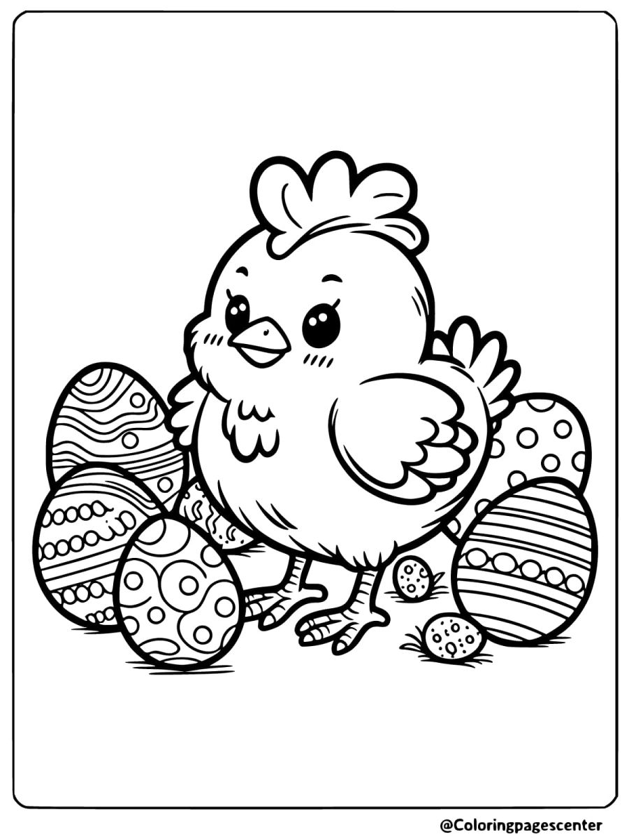 Chicken surrounded by Easter eggs coloring page