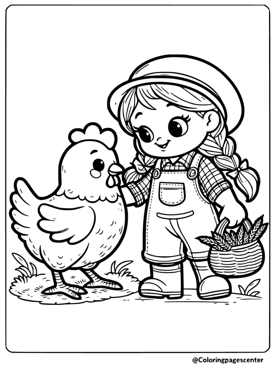 Girl petting a chicken coloring page