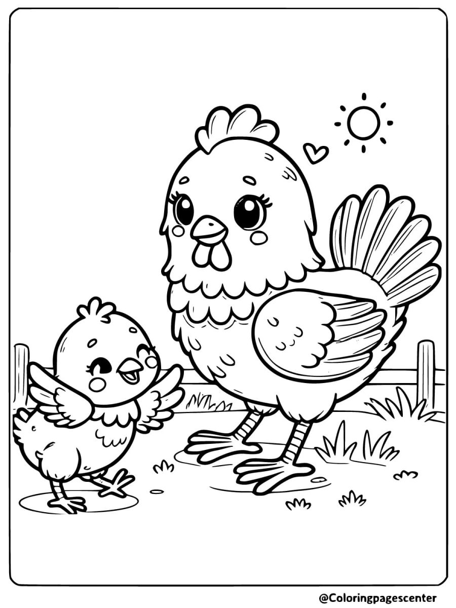 Mother hen with baby chick coloring page