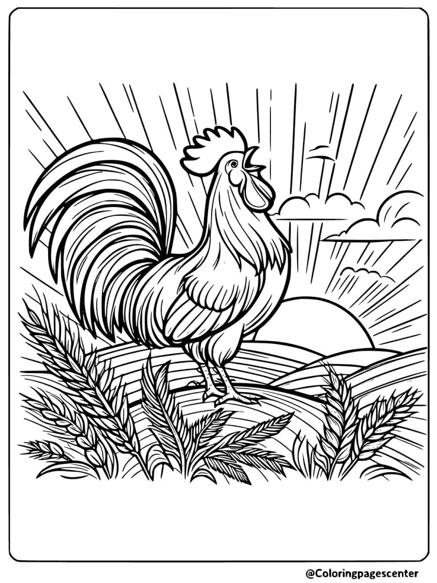 Rooster crowing on a hill coloring page