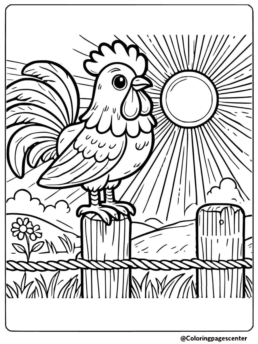 Rooster perched on fence coloring page