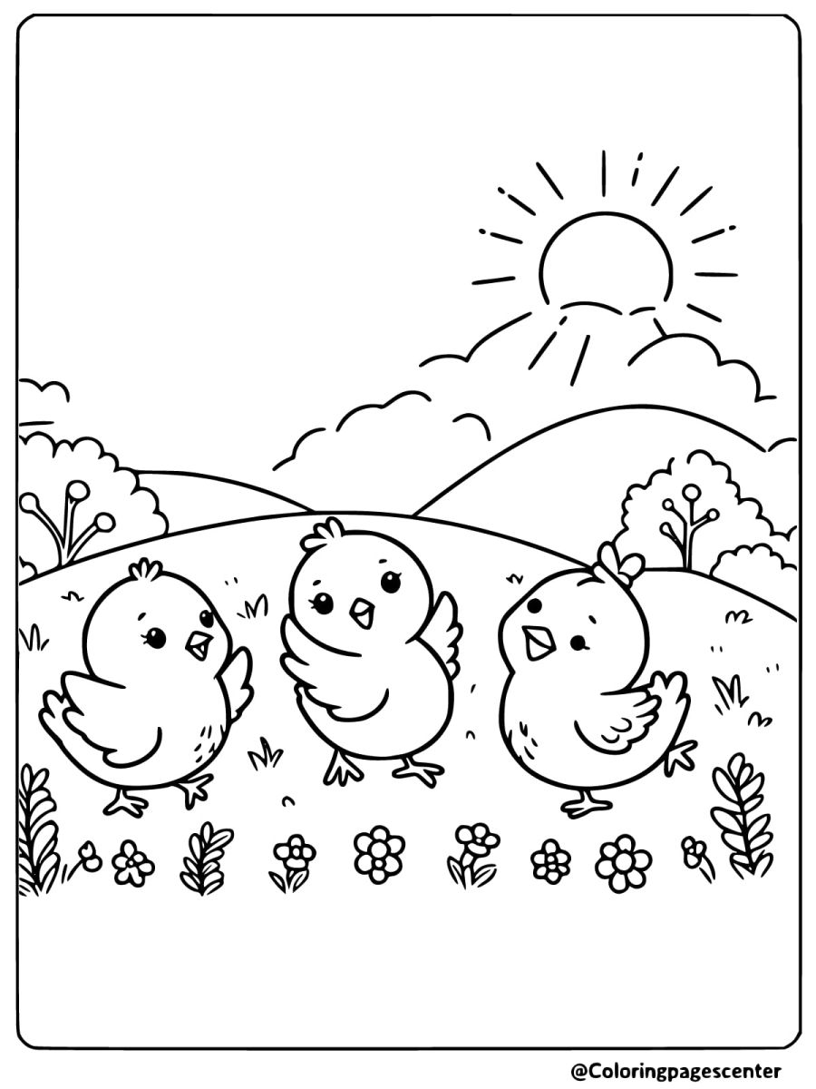 Cute chickens under the sun coloring page