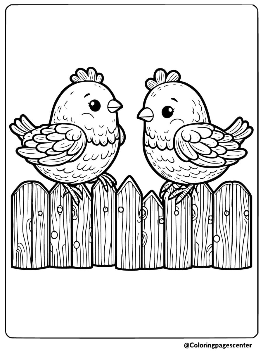 Two chickens chatting on a fence coloring page