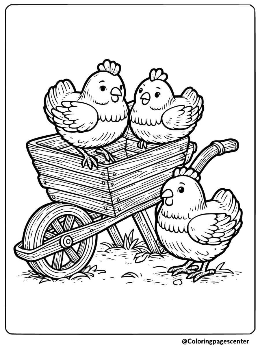 Three chickens sitting in a wheelbarrow coloring page