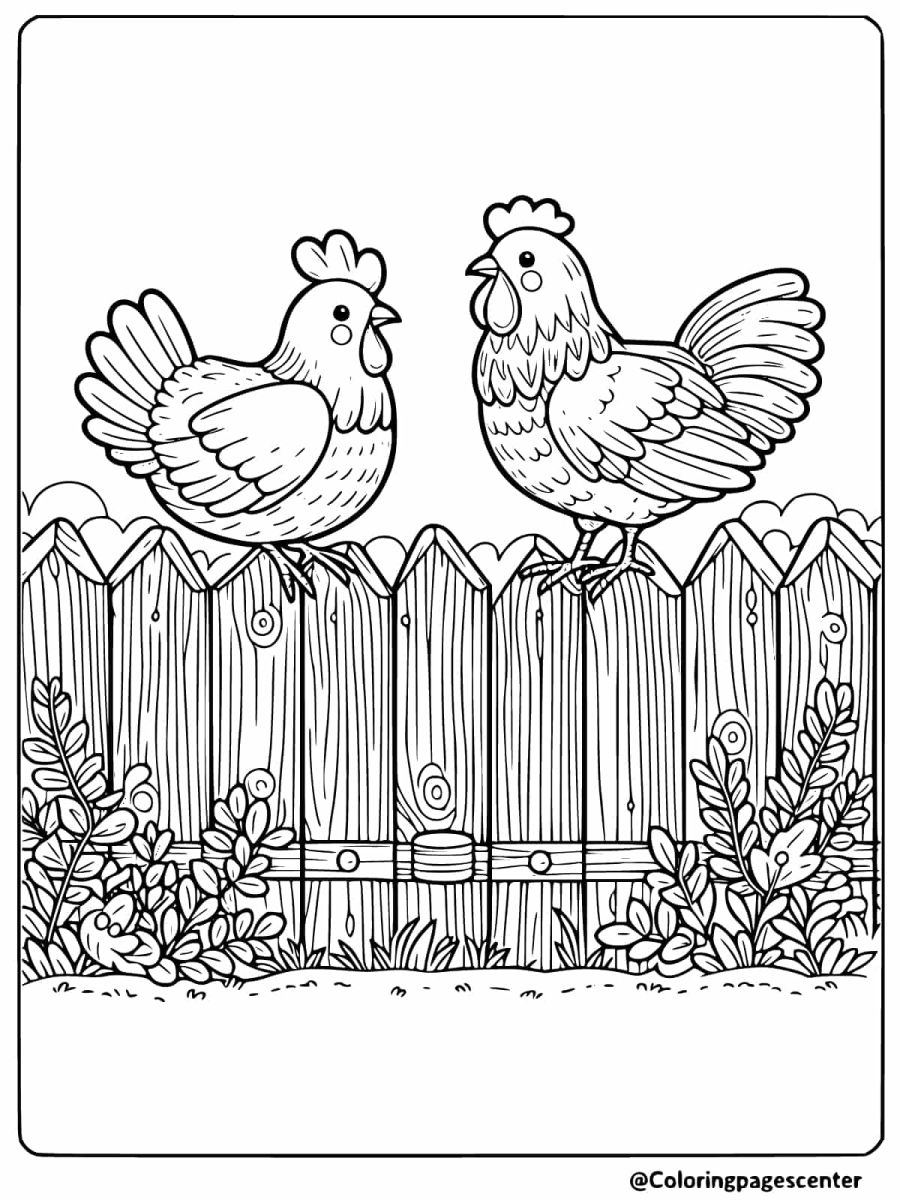 Two chickens perched on a wooden fence coloring page