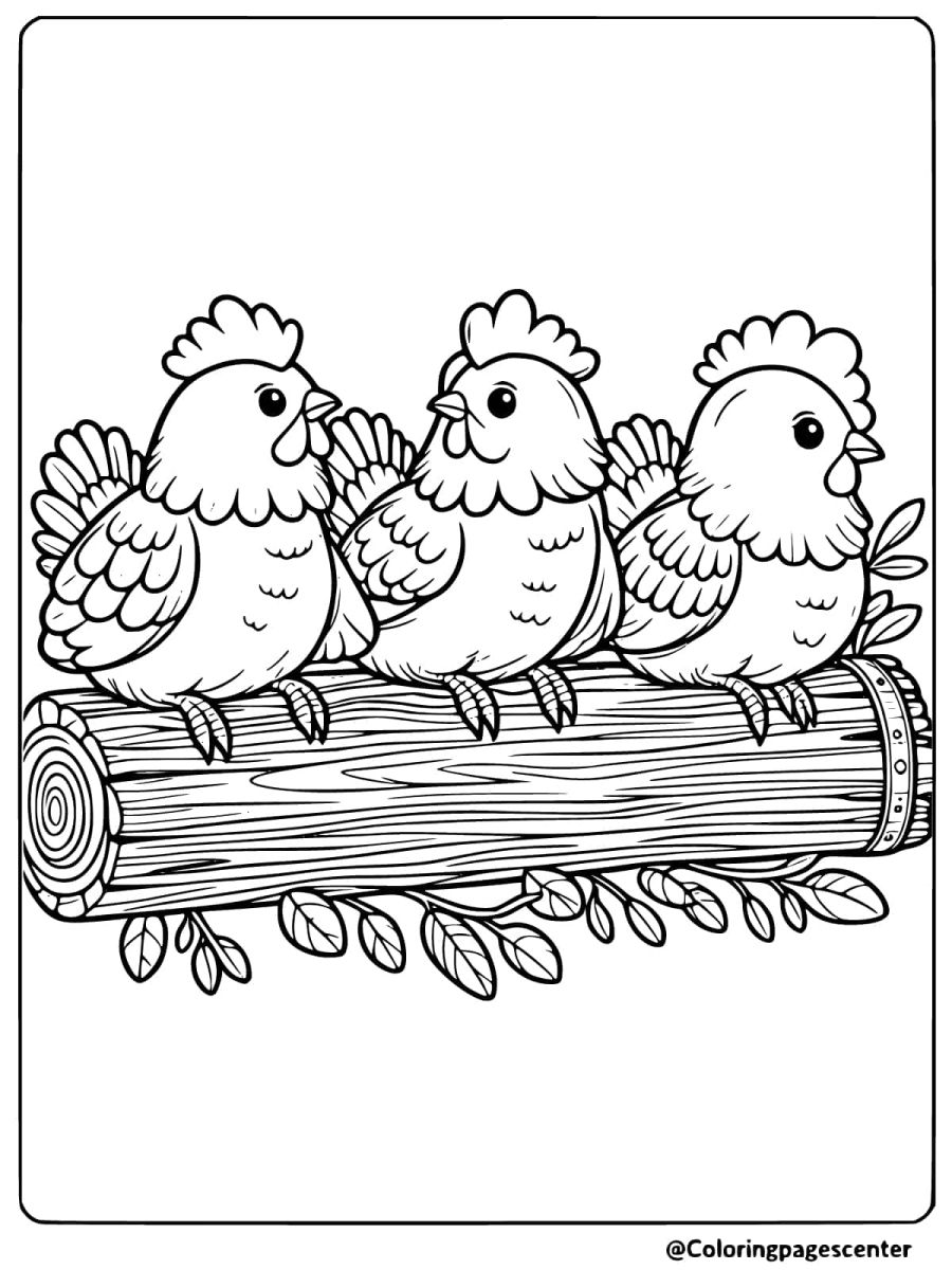 Three chickens resting on a log coloring page