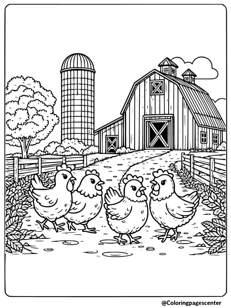 Chickens walking on a farm near a barn coloring page