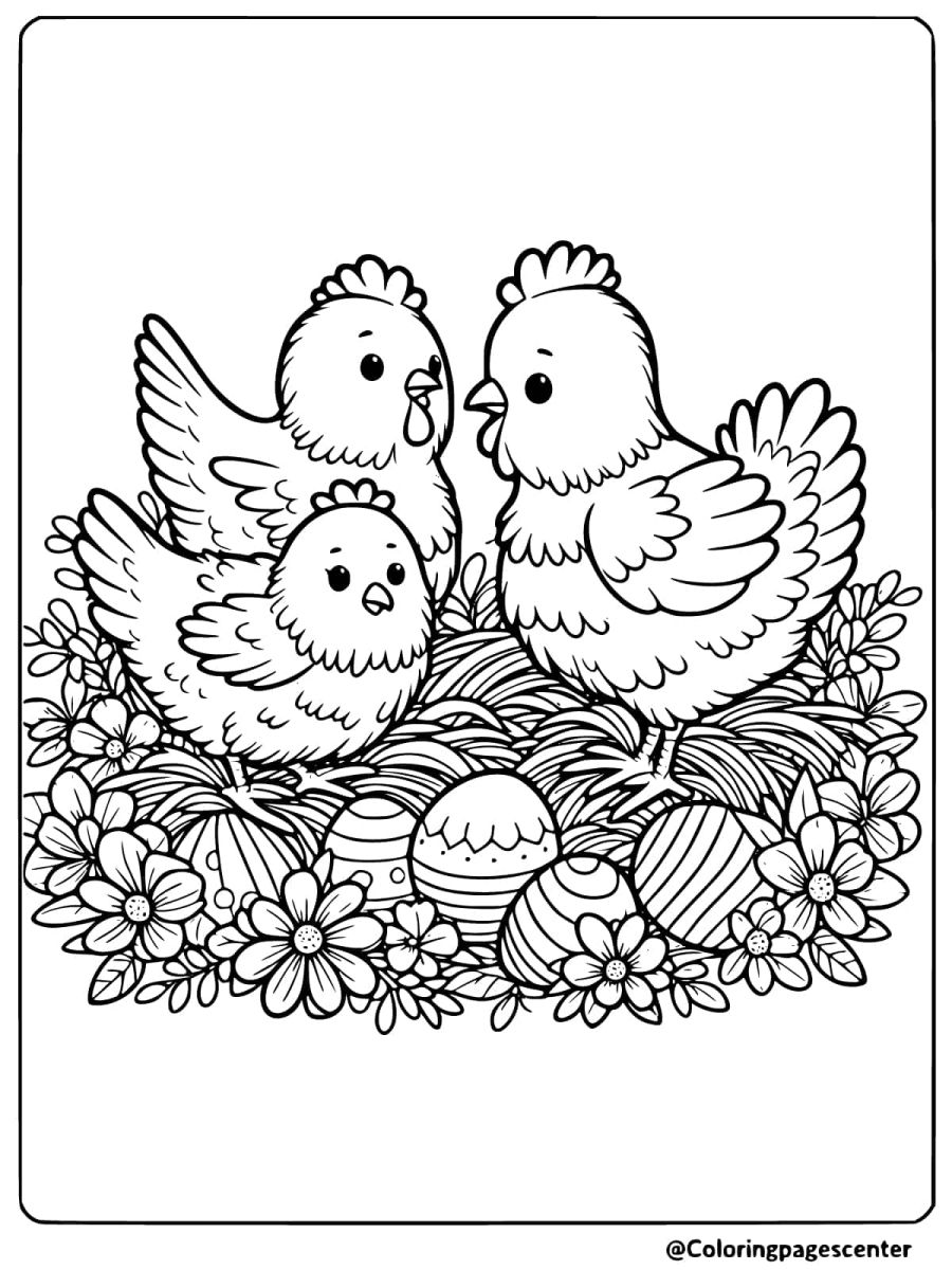 Chickens with Easter eggs in flowers coloring page