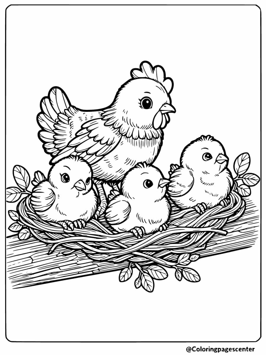 Hen with chicks in a nest on a branch coloring page