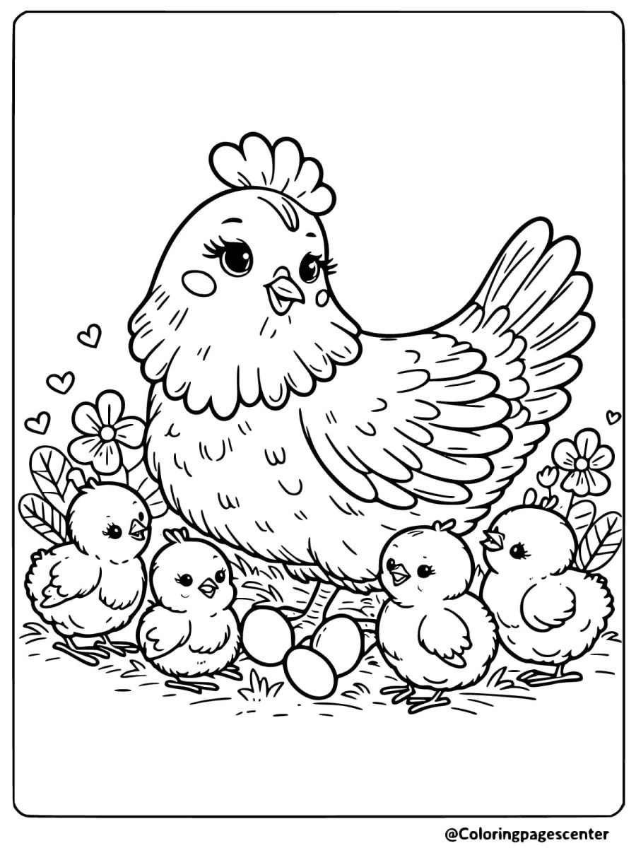 Mother hen and chicks in a garden coloring page