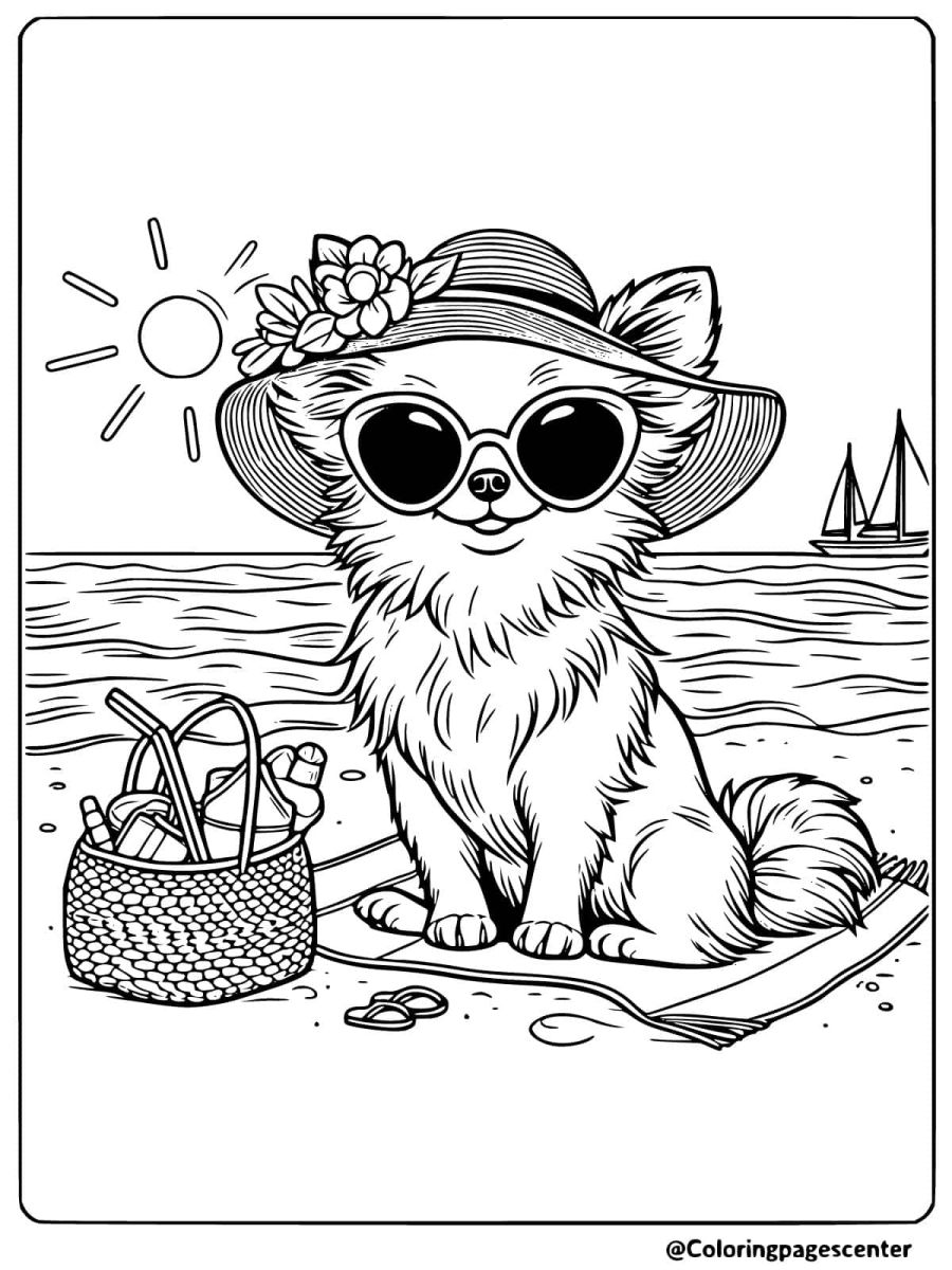 Coloring page of a chihuahua with sunglasses on a beach