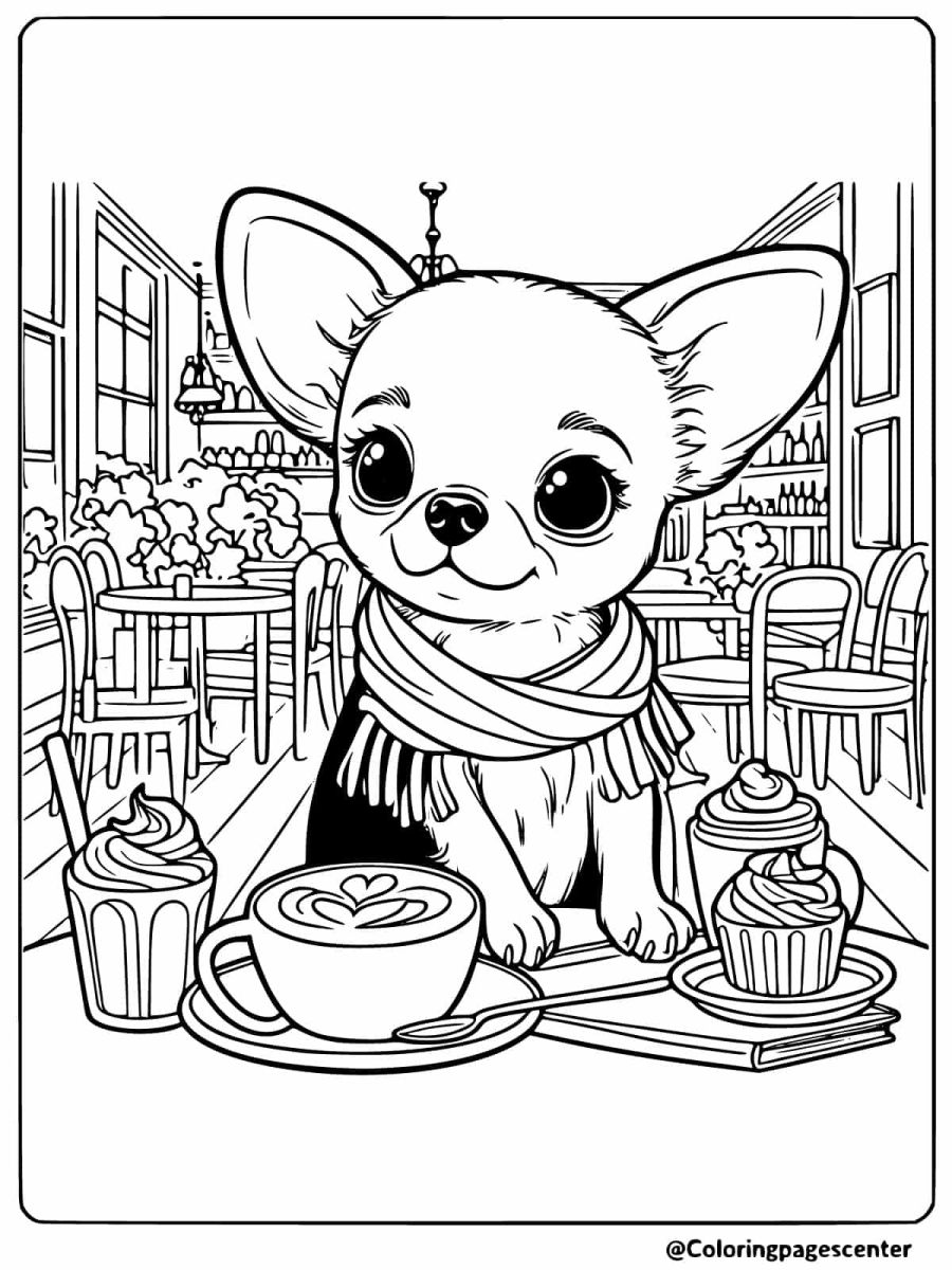 Coloring page of a chihuahua with coffee and cupcakes