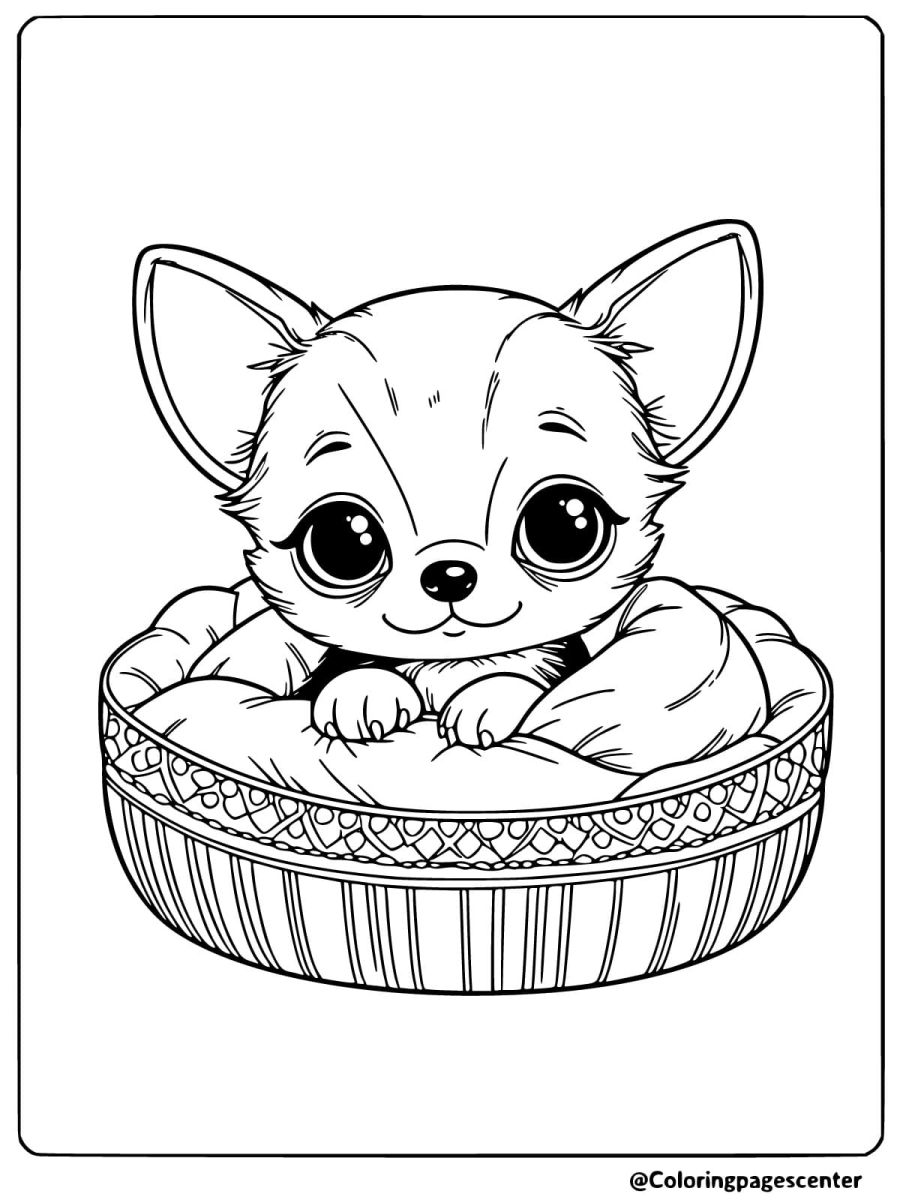 Coloring page of a chihuahua resting in a cozy bed