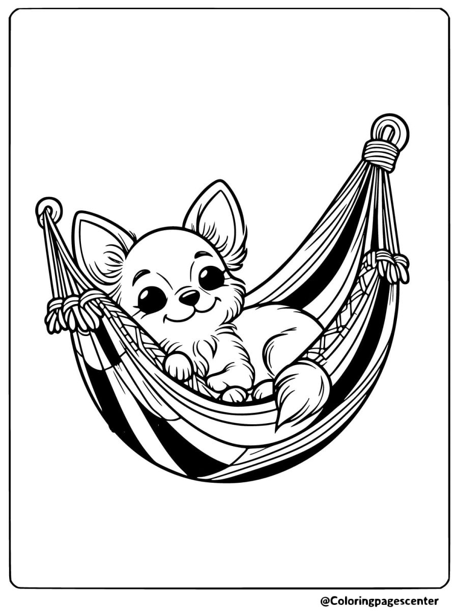 Coloring page of a chihuahua relaxing in a hammock