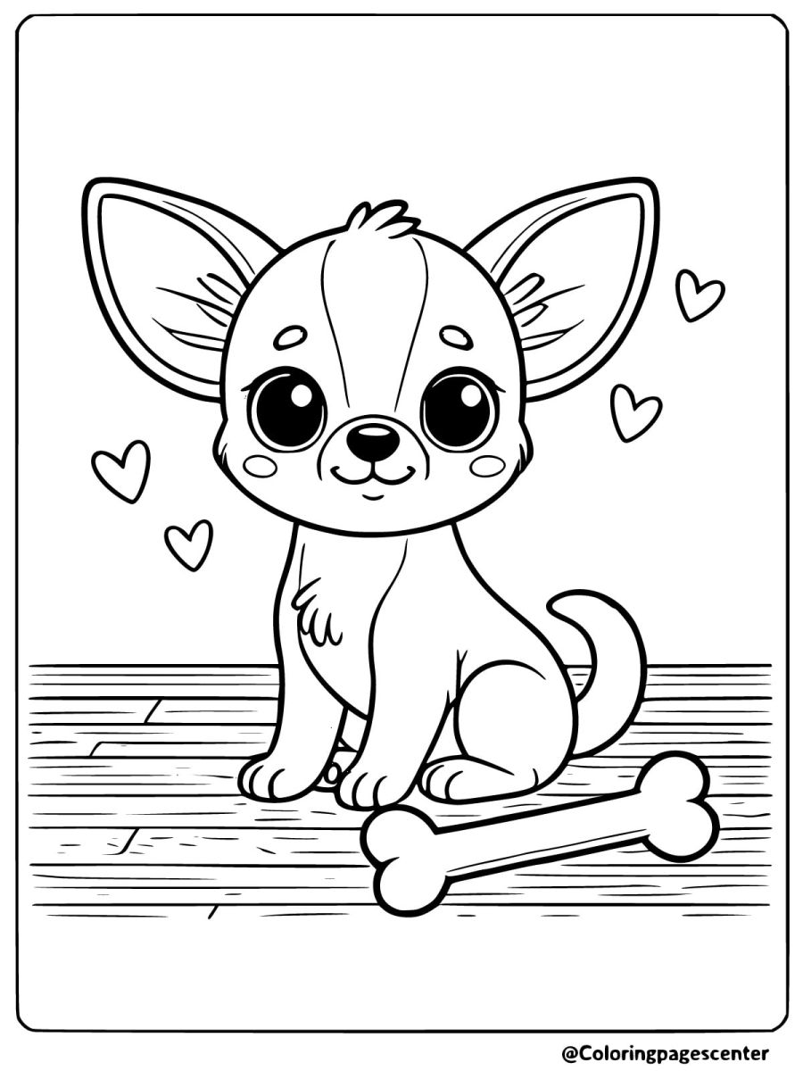 Coloring page of a chihuahua with a bone, sitting happily