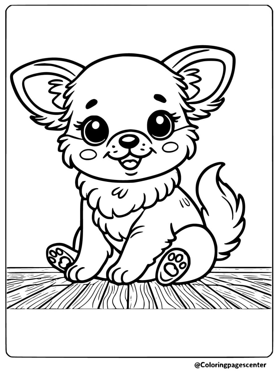 Coloring page of a cute chihuahua sitting on a wooden floor