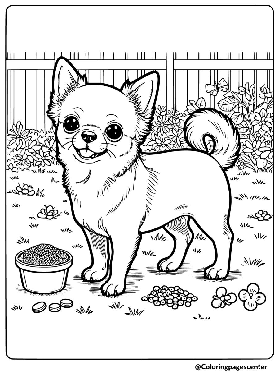 Coloring page of a chihuahua in a garden with a food bowl