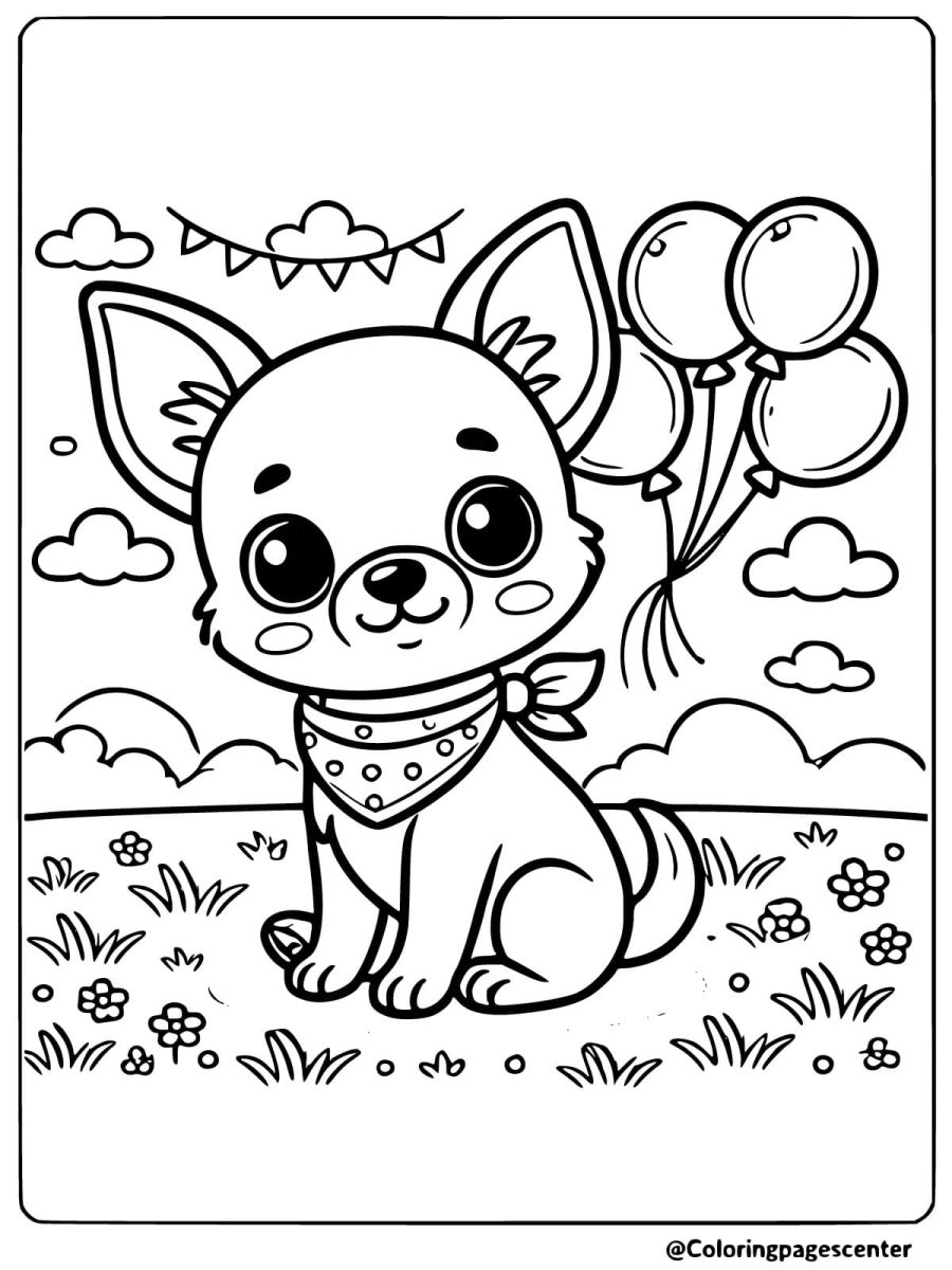 Coloring page of a chihuahua with balloons outdoors