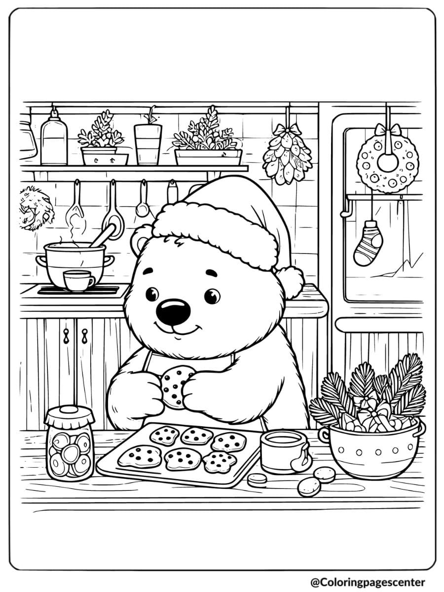 Christmas bear making cookies in kitchen coloring page