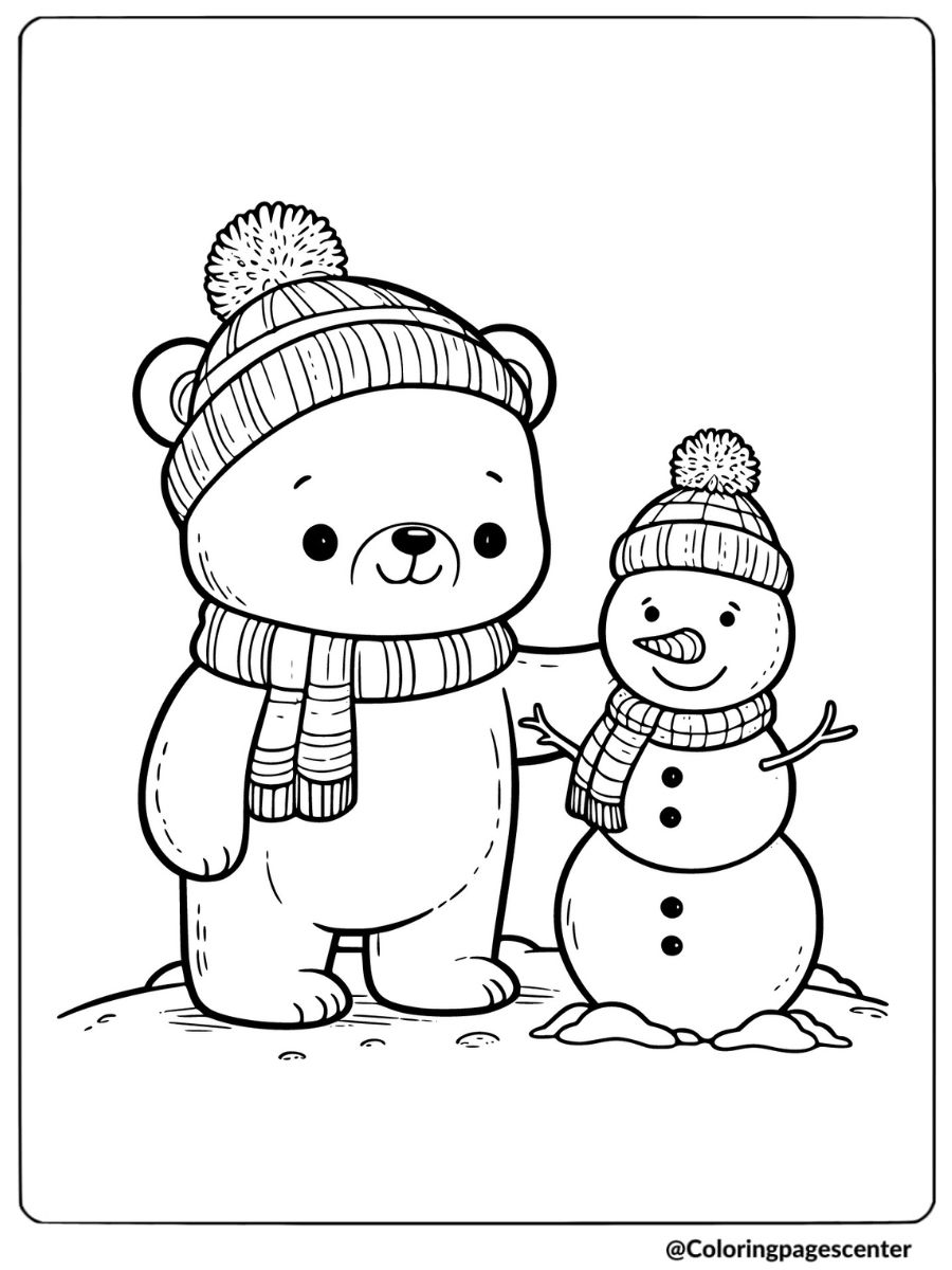 Christmas bear with snowman outdoors coloring page