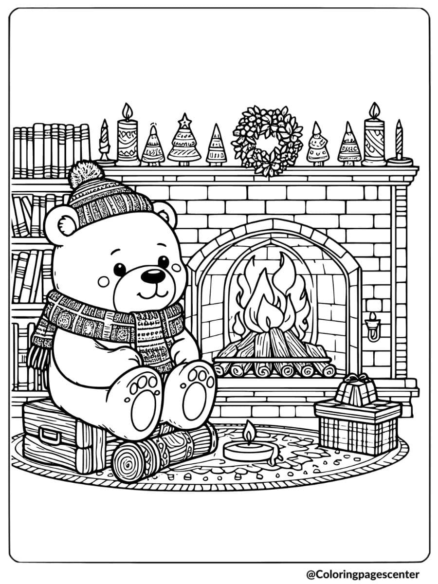 Christmas bear sitting by fireplace coloring page