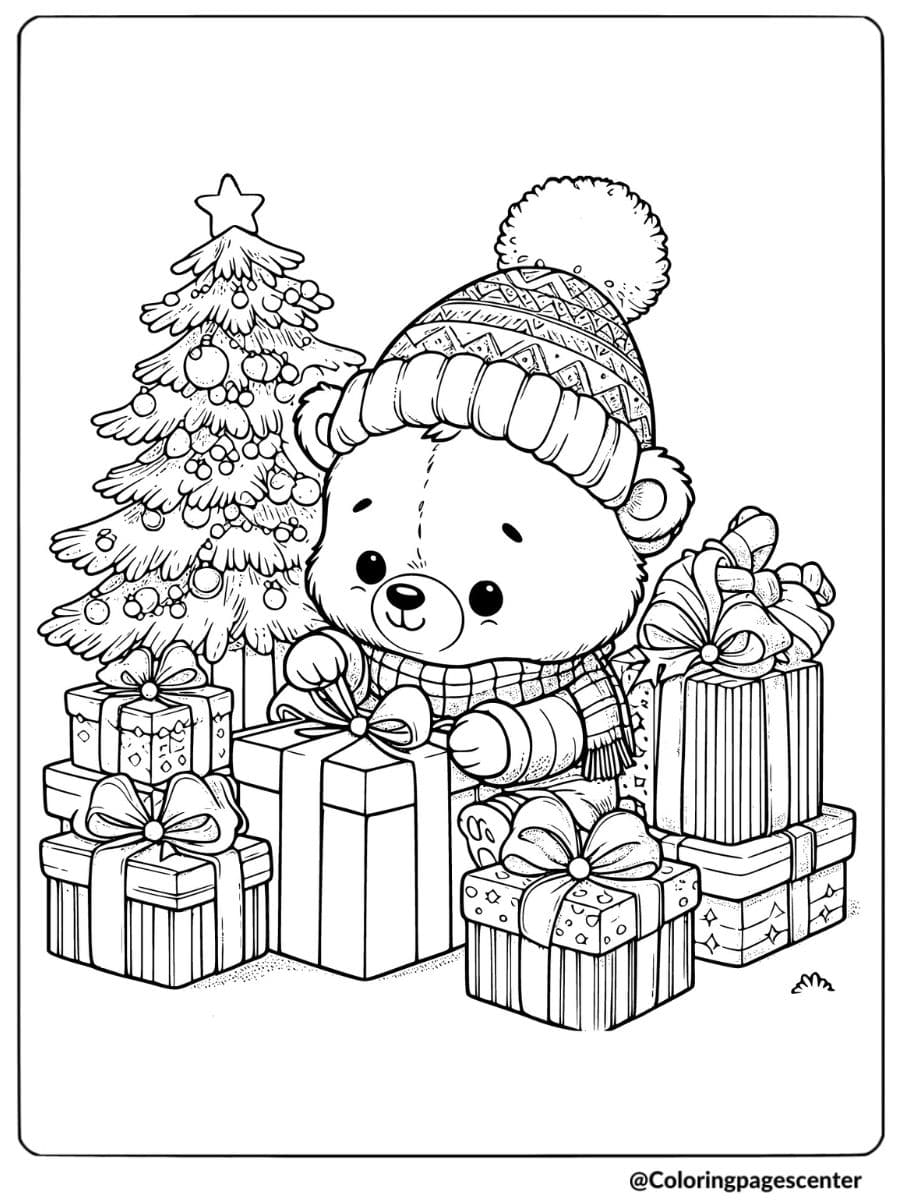 Christmas bear with presents under tree coloring page