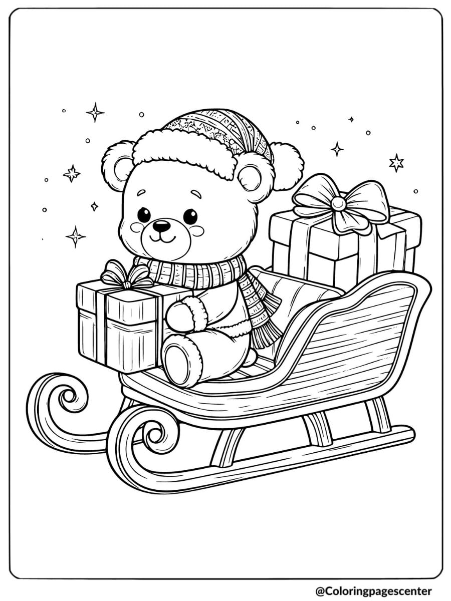 Christmas bear with gifts on sleigh coloring page