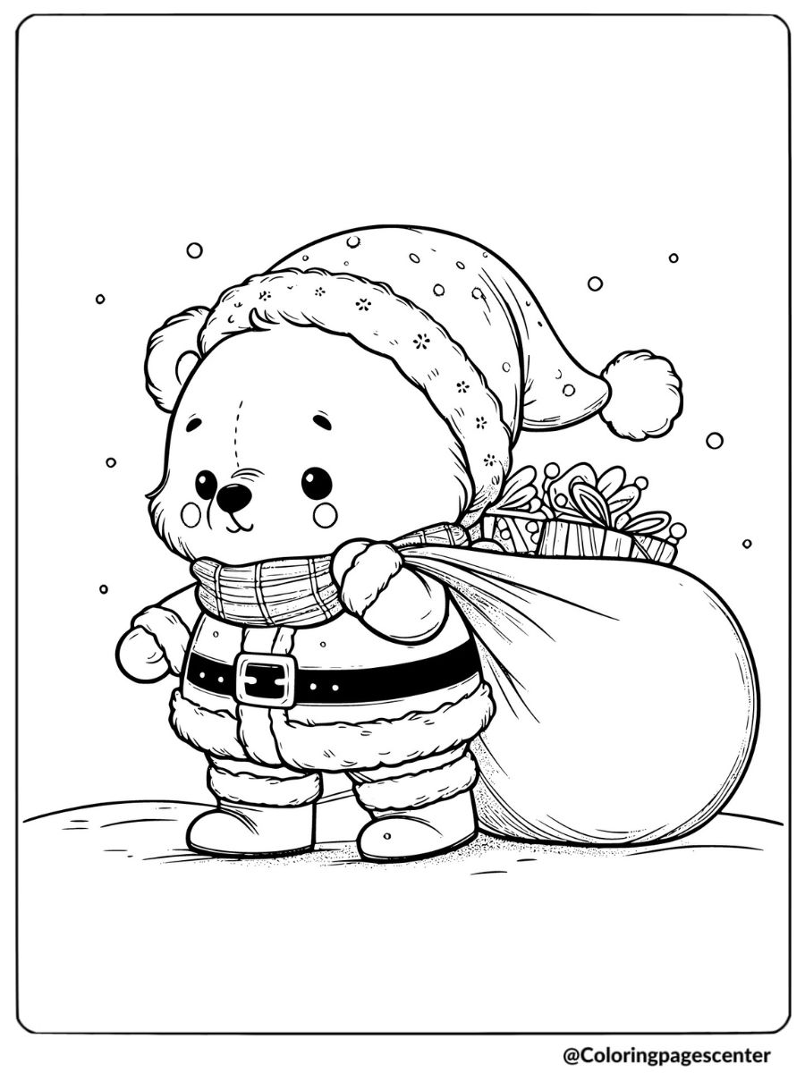 Christmas bear carrying gift sack coloring page