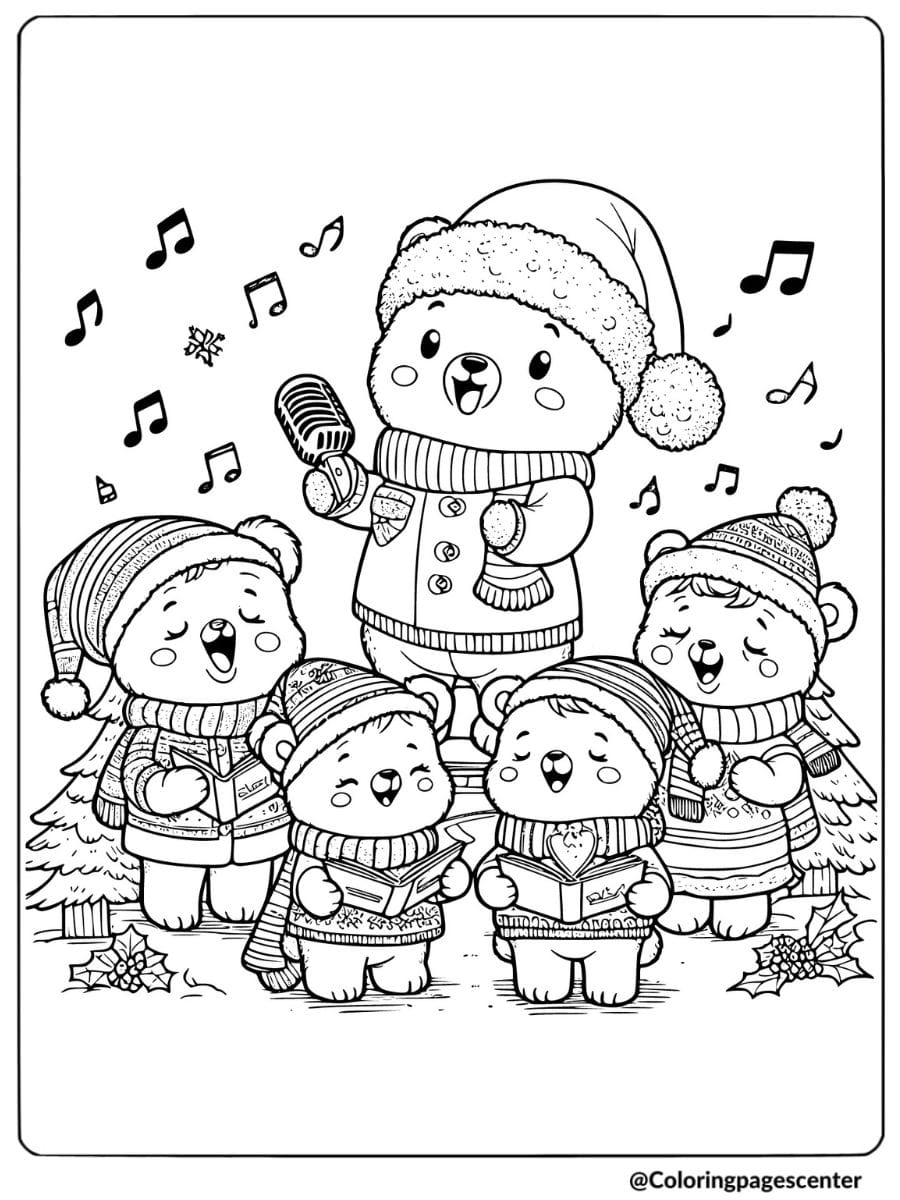 Christmas bear group singing carols coloring page