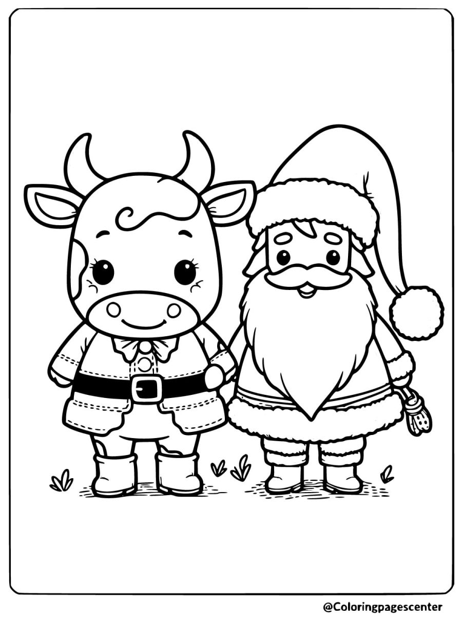 Christmas cow and Santa holding hands coloring page