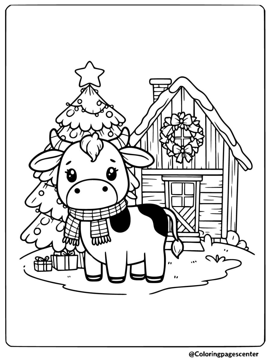 Christmas cow in front of decorated cabin coloring page