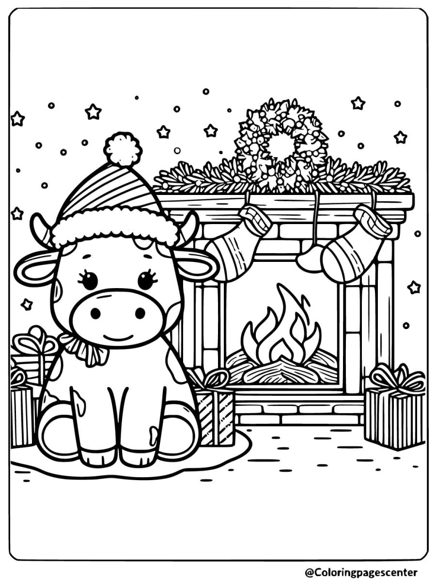 Christmas cow sitting by fireplace with gifts coloring page