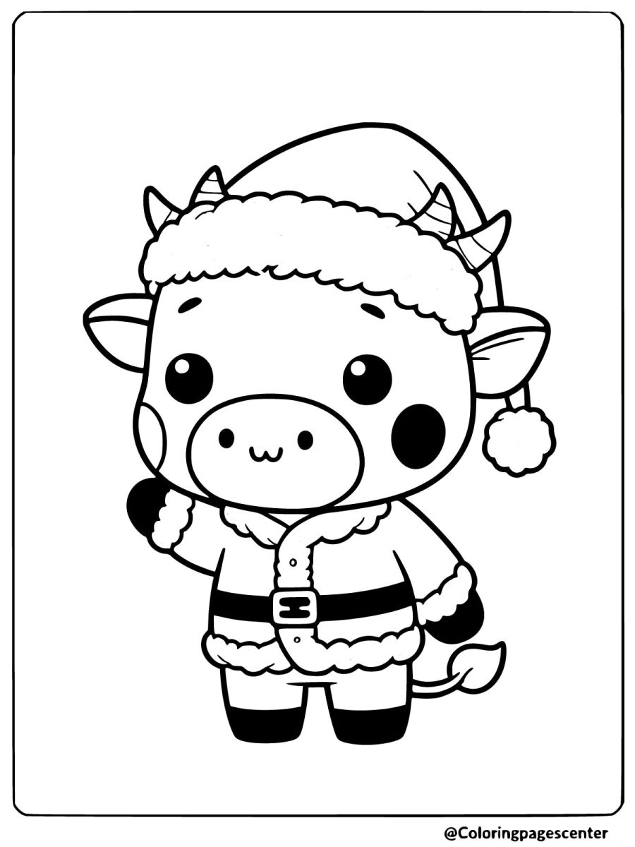 Christmas cow dressed as Santa waving coloring page