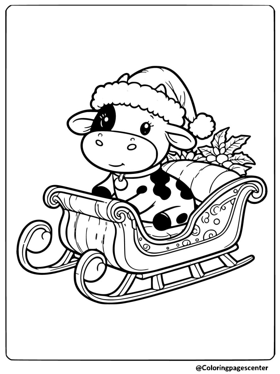 Christmas cow riding a sleigh coloring page