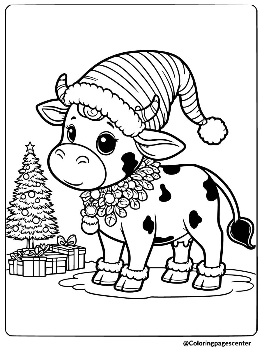 Christmas cow wearing Santa hat coloring page