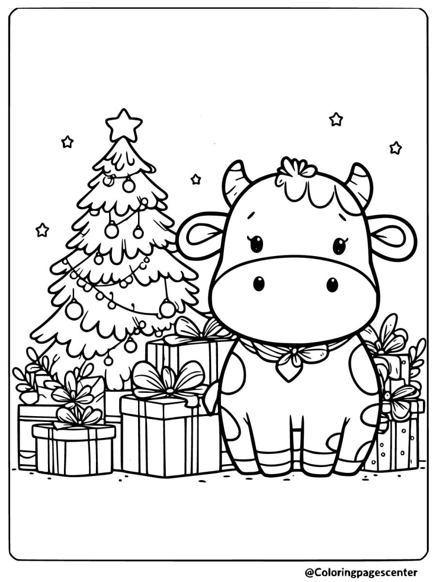 Christmas cow standing by a Christmas tree coloring page