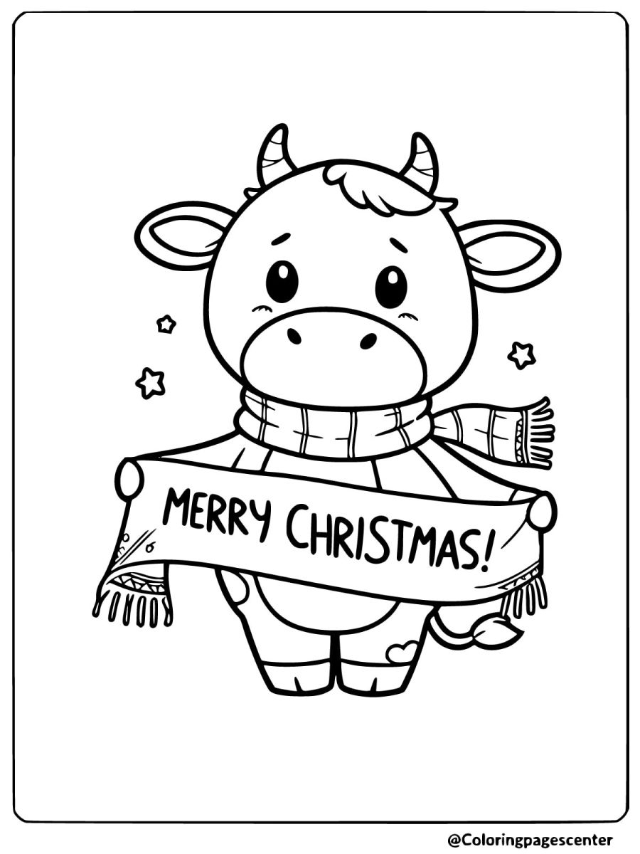 Christmas cow holding Merry Christmas sign coloring page