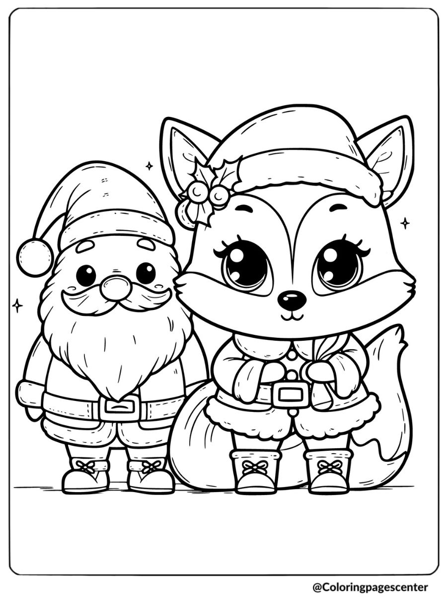 Cute Christmas fox with Santa hat coloring page