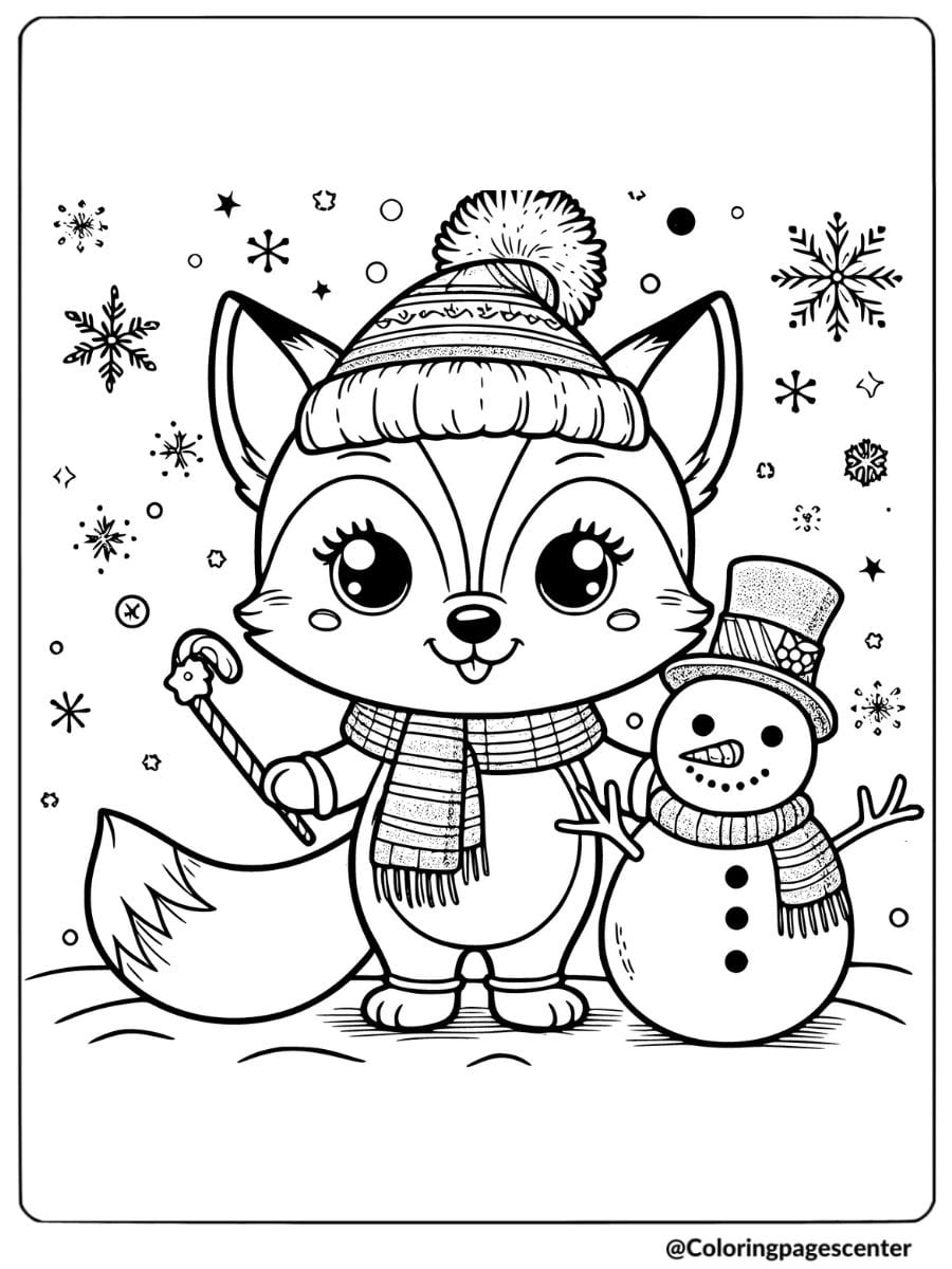 Christmas fox with snowman coloring page