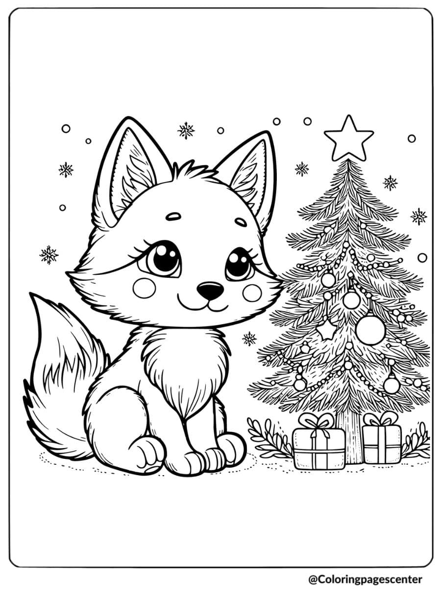 Christmas fox with tree and presents coloring page