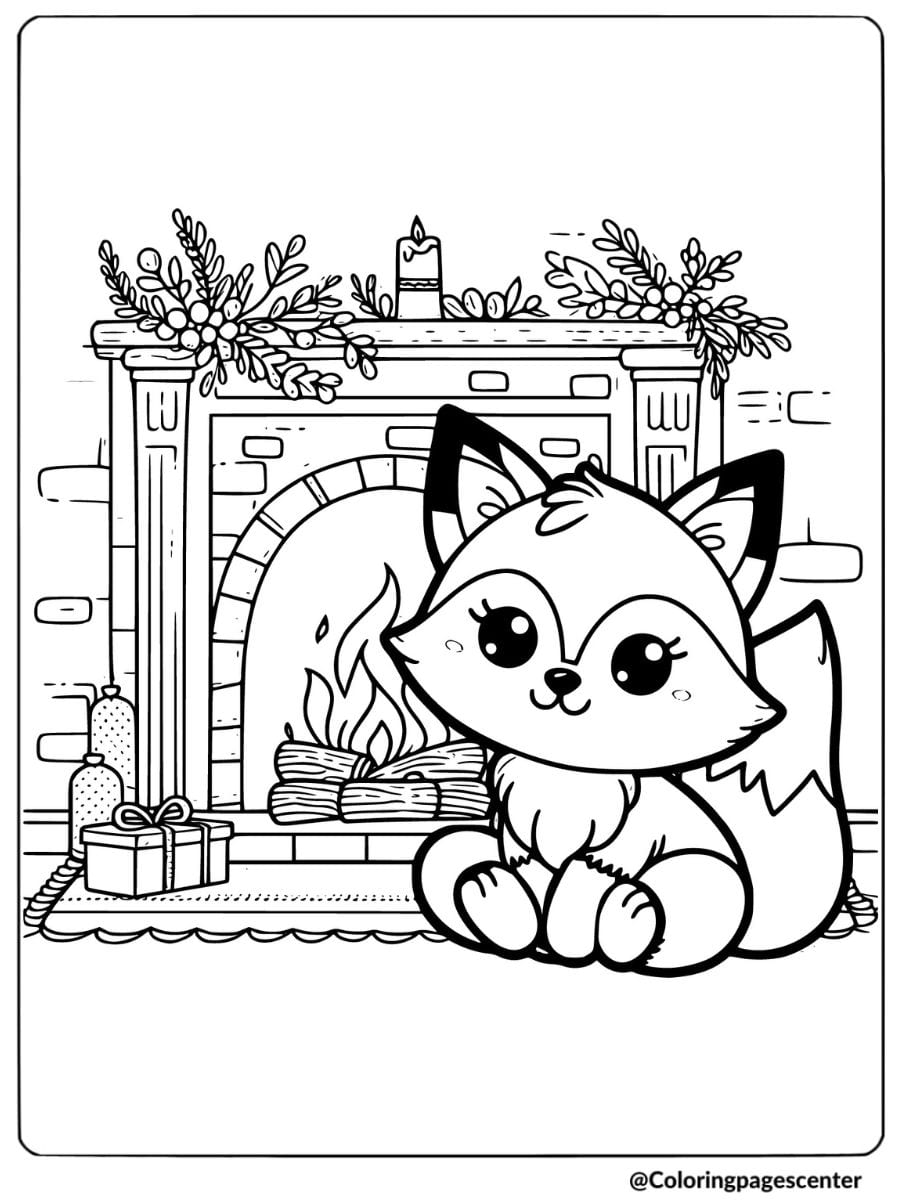 Christmas fox near cozy fireplace coloring page