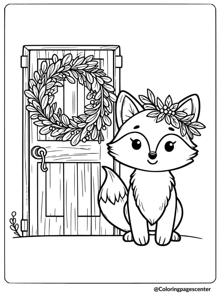 Christmas fox sitting by door with wreath coloring page