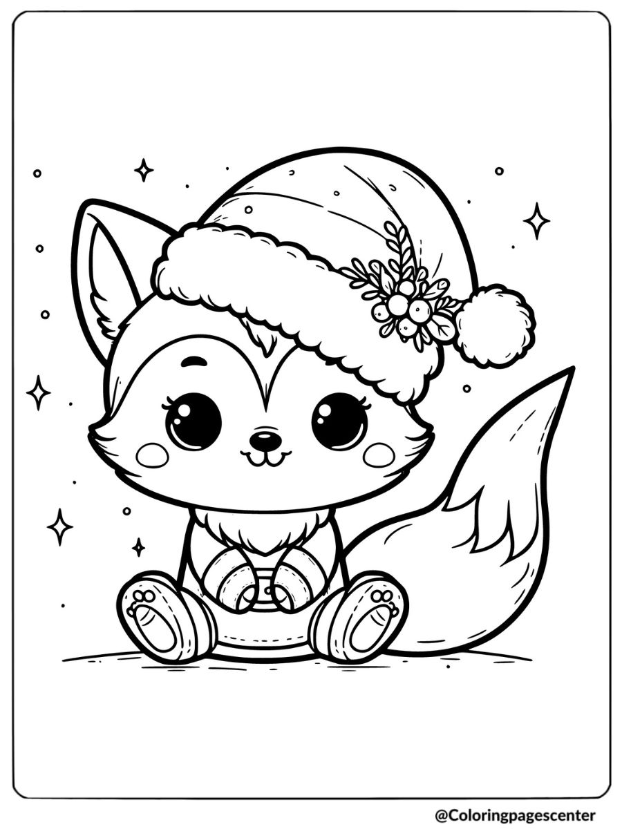 Christmas fox wearing Santa hat coloring page